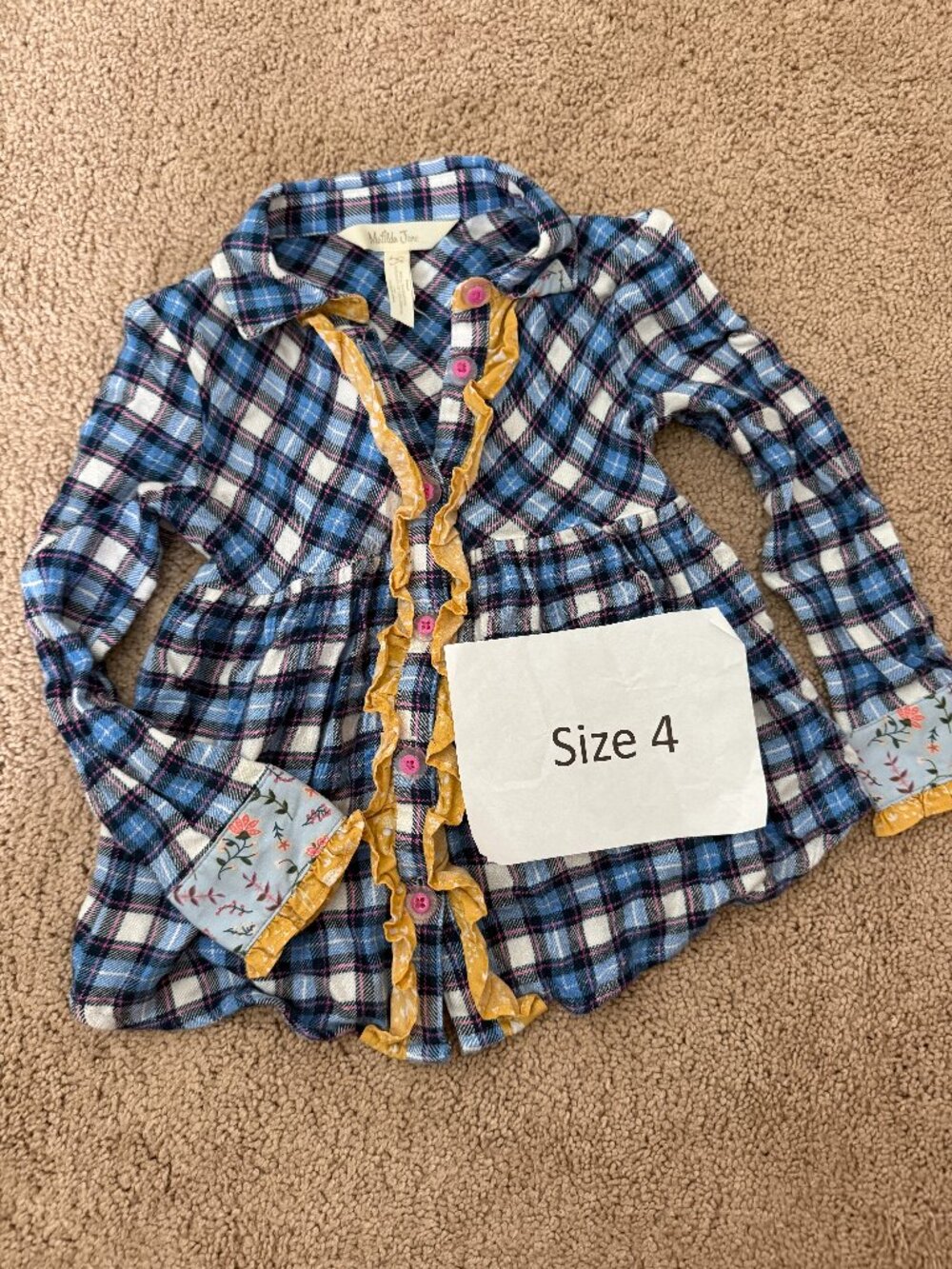 Matilda Jane "Make Believe Floating Away" blue plaid button-up tunic Size 4